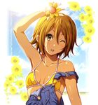  ;d arm_up bikini blush breasts brown_hair collarbone flower k-on! one_eye_closed open_mouth overalls round_teeth shian_(my_lonly_life.) short_hair small_breasts smile solo swimsuit tainaka_ritsu teeth 