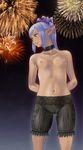  arms_behind_back bow breasts cameltoe choker elf elvaan fe final_fantasy final_fantasy_xi fireworks hair_bow highres lips navel nipples open_mouth pointy_ears ponytail prishe purple_eyes purple_hair small_breasts solo standing topless 