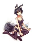  animal_ears black_hair black_legwear borrowed_character breasts camisole cleavage fox_ears fox_tail highres looking_at_viewer medium_breasts nanashi_(ganesagi) original saimon_ma short_hair shorts simple_background sitting sketch smile solo tail thighhighs yellow_eyes 