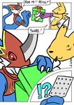  armband armor bridal_gauntlets canine chest_tuft comic digimon female flamedramon fox fur gift hindpaw horn male mammal nanogrrr paws plain_background red_eyes renamon scalie standing tuft video_games white_background yin_yang 