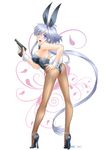  :d animal_ears ass back-seamed_legwear blue_eyes blush bow bowtie bunny_ears bunny_tail bunnysuit fang full_body gun hand_on_hip handgun heterochromia high_heels lavolpe_(yagisaka_seto) legs long_hair looking_back open_mouth original pantyhose purple_eyes seamed_legwear shoes sidelocks silver_hair simple_background smile solo tail very_long_hair weapon white_background wrist_cuffs yagisaka_seto 