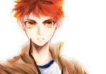  backlighting emiya_shirou fate/stay_night fate_(series) homurahara_academy_uniform male_focus red_hair school_uniform simple_background solo warakusa white_background yellow_eyes 