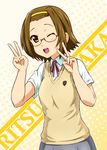  ;d bespectacled blush brown_eyes brown_hair character_name cosplay diesel-turbo double_v dress_shirt glasses hairband k-on! one_eye_closed open_mouth ore_no_imouto_ga_konna_ni_kawaii_wake_ga_nai red_ribbon ribbon round_teeth satou_satomi school_uniform seiyuu_connection shirt short_hair short_sleeves skirt smile solo sweater_vest tainaka_ritsu tamura_manami tamura_manami_(cosplay) teeth v 