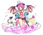  1girl amemura_ramuda blue_eyes bow breasts candy demon demon_girl demon_horns demon_wings doughnut english_text food genderswap genderswap_(mtf) gleam horns hypnosis_mic lollipop looking_at_viewer microphone midriff pink_hair riding_crop short_shorts shorts smile solo wings yoruhachi 