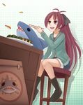  antenna_hair cardigan food hair_ribbon highres long_hair mahou_shoujo_madoka_magica nigirizushi non-web_source polka_dot polka_dot_background ponytail red_eyes red_hair ribbon sakura_kyouko shark shorts shrimp sitting smile stool sunimu sushi 