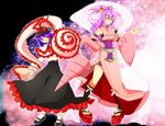  1girl amane_nishiki blazblue crossover drill frills full_body geta half_updo jru_(xx201) long_skirt machinery nagae_iku okobo otoko_no_ko pigeon-toed purple_hair shawl skirt socks standing standing_on_one_leg tabi touhou trait_connection white_legwear 