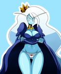  1girl adventure_time blue_background blue_skin blush breasts cleavage crown curvy dress dress_lift eric_lowery eyebrows frown heart highres ice_queen jewelry large_breasts long_hair navel panties simple_background solo ss2_(artist) thigh_gap thighs underwear very_long_hair white_hair white_panties wide_hips 