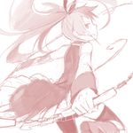  attack bare_shoulders detached_sleeves drawr food grin hanokage magical_girl mahou_shoujo_madoka_magica monochrome pocky polearm ponytail red ribbon sakura_kyouko smile solo spear weapon 