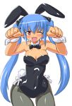  animal_ears armpits bare_shoulders blue_hair blush bow bowtie breasts bunny_ears bunny_tail bunnysuit busou_shinki cleavage dd_(ijigendd) detached_collar fang hair_ornament large_breasts long_hair one_eye_closed open_mouth pantyhose pointy_ears red_eyes simple_background solo strarf tail twintails very_long_hair wide_hips wrist_cuffs 