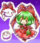  arm_ribbon blush bow dress frills front_ponytail green_hair hair_bow hair_ornament hair_ribbon kagiyama_hina kedama open_mouth red_dress ribbon tail tilde_(ice_cube) touhou |_| 