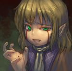 blonde_hair blood bloody_tears clenched_teeth fang green_eyes mizuhashi_parsee pointy_ears short_hair solo teeth touhou uneven_eyes zhengyifan7 