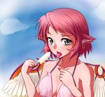  animal_ears bad_id bad_pixiv_id bare_shoulders bikini cloud collarbone day earrings fingernails food grey_eyes jewelry kasayama_mujina long_fingernails mystia_lorelei no_hat no_headwear open_mouth pink_hair popsicle sharp_fingernails short_hair single_earring solo swimsuit tongue tongue_out touhou upper_body wings 