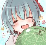  bad_id bad_pixiv_id blue_hair blush bow cirno closed_eyes fang food fruit hair_bow open_mouth pikojirokurao solo touhou watermelon 