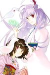  :3 alternate_costume animal_ears bullet carrot carrot_necklace highres inaba_tewi japanese_clothes jewelry kimono lavender_hair long_hair multiple_girls necklace pendant red_eyes reisen_udongein_inaba ritz_(h322) smile touhou 