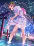  :d banned_artist bow brown_eyes brown_hair clothes_lift fireworks hair_bow ilog japanese_clothes kimono kimono_lift looking_at_viewer mana_kakkowarai nagata_ikue open_mouth ryoubu_torii smile solo torii wading water watermark web_address yukata_lift 