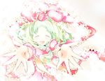  closed_eyes cusozee frills front_ponytail green_hair hair_ribbon hands happy kagiyama_hina long_hair no_nose open_mouth outstretched_arms pov reaching ribbon short_sleeves smile solo teeth touhou 