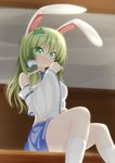  :&lt; animal_ears bare_shoulders blush bunny bunny_ears chimunge detached_sleeves fake_animal_ears frog_hair_ornament green_eyes green_hair hair_ornament hair_tubes highres kemonomimi_mode kneehighs kochiya_sanae long_hair long_sleeves looking_at_viewer panties pantyshot pantyshot_(sitting) red_string shirt sitting skirt snake_hair_ornament socks solo string touhou underwear white_legwear wide_sleeves 