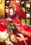  black_hair flower hair_flower hair_ornament japanese_clothes kimono oriental_umbrella original ragi_(pluie) red_eyes solo umbrella 