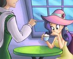  blue_eyes blush cappuccino chair clothing cup dress duo female flower foam friendship_is_magic hair hat human humanized male mammal my_little_pony not_furry outside purple_hair rarity_(mlp) ric-m table 