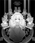  absurdres alice_margatroid an2a apron bow capelet crescent doll greyscale hair_bow hairband highres long_hair long_sleeves monochrome open_mouth outstretched_arms sash short_hair smile touhou 