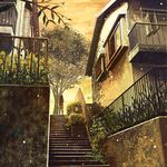  black_legwear building fence from_behind gemi leaf long_hair original pantyhose scenery solo stairs sunset tree 