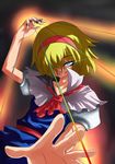  alice_margatroid ascot blonde_hair blue_eyes capelet glowing glowing_eyes hairband harusame_(unmei_no_ikasumi) puffy_sleeves short_hair short_sleeves smile solo string touhou 