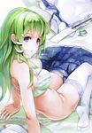  77gl arm_support blue_eyes bra breasts feet frog_hair_ornament from_above from_behind green_hair hair_ornament highres kochiya_sanae large_breasts long_hair no_panties non-web_source scan sitting solo thighhighs touhou underwear undressing wariza white_legwear 