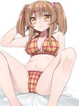  breasts brown_hair cleavage collarbone erubo hair_ornament hairclip hairpin large_breasts long_hair navel original plaid sitting solo spread_legs twintails two_side_up white_background yellow_eyes 