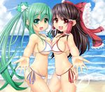  beach bikini black_hair bow breast_press breasts cafeore cloud day eyebrows_visible_through_hair foreshortening frog_hair_ornament green_eyes green_hair hair_bow hair_ornament hair_tubes hakurei_reimu kochiya_sanae large_breasts long_hair looking_at_viewer multiple_girls open_mouth outdoors ponytail red_eyes sky snake standing swimsuit symmetrical_docking symmetry touhou water 