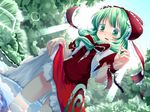  arm_ribbon blush bow dress dutch_angle frills front_ponytail green_eyes green_hair hair_bow hair_ornament hair_ribbon kagiyama_hina long_hair open_mouth red_dress ribbon short_sleeves skirt_hold solo touhou tree turupiko wading water 