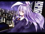  animal_ears building bunny_ears city crescent highres izayoi-saki letterboxed light long_hair necktie night pink_eyes purple_hair red_eyes reisen_udongein_inaba rooftop smile solo star touhou upper_body 