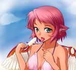  animal_ears bad_id bad_pixiv_id bangs bare_shoulders beach bikini bird_wings blue_sky blurry blush breasts cleavage clenched_hands cloud collarbone day depth_of_field earrings feathered_wings fingernails food from_side green_eyes halter_top halterneck hands_up holding holding_food hoop_earrings jewelry kasayama_mujina long_fingernails looking_at_viewer medium_breasts mystia_lorelei nail_polish no_hat no_headwear open_mouth outdoors parted_bangs pink_bikini pink_hair pointing popsicle raised_eyebrow red_nails sexually_suggestive sharp_fingernails short_hair sideways_glance single_earring sky slit_pupils solo straight_hair sweat swept_bangs swimsuit tan tongue tongue_out touhou upper_body white_wings wings 
