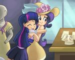  blue_eyes clothing designs desk drawing dress eyes_closed female flower friendship_is_magic hair hat hug human humanized mammal mannequin multi-colored_hair my_little_pony not_furry paper rarity_(mlp) ric-m rose shirt skirt twilight_sparkle_(mlp) 