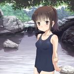  brown_eyes brown_hair meow_(nekodenki) one-piece_swimsuit original school_swimsuit short_ponytail solo swimsuit water 