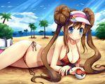  arm_support beach bikini blue_eyes blush breasts brown_hair cleavage day double_bun fingernails highres hoshi_no_gen large_breasts light_rays long_fingernails long_hair looking_at_viewer lying mei_(pokemon) navel no_nose on_side plaid poke_ball pokemon pokemon_(game) pokemon_bw2 side-tie_bikini smile solo strap_gap sunbeam sunlight swimsuit tree visor_cap 