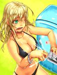 alcohol aqua_eyes asahi_breweries bad_id bad_pixiv_id bags_under_eyes bangle beer beer_can bikini black_bikini blonde_hair bracelet breasts can cleavage collarbone groin jewelry large_breasts mustard_seeds navel one_eye_closed open_mouth original refrigerator sexually_suggestive skindentation solo spray swimsuit wet wince yuuji_(and) 