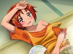  arm_up bare_shoulders blush casual fan hair_ornament hairclip hino_akane_(smile_precure!) looking_at_viewer looking_up lying mameshiba midriff navel off_shoulder on_back open_mouth orange_hair orange_shirt paper_fan precure red_eyes red_hair shirt short_hair smile smile_precure! strap_slip sweat uchiwa 
