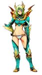  1girl armor blue_eyes boots contrapposto dragon_horns facial_mark gauntlets green_hair hand_on_hip heart horns monster_hunter monster_hunter_portable_3rd monster_hunter_xx navel o.m panties scales short_hair shoulder_spikes simple_background solo spikes standing thighhighs underwear white_background white_panties zinogre zinogre_(armor) 