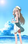  ahoge beach cloud day eating erubo food hat long_hair original outdoors popsicle red_eyes shaved_ice silver_hair sky sleeveless solo standing sun water 