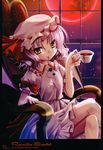  absurdres alternate_eye_color alto_seneka bow chair character_name crossed_legs cup hat hat_ribbon highres moon night puffy_sleeves red_moon remilia_scarlet ribbon scan short_hair short_sleeves silver_hair sitting sky slit_pupils smile solo teacup touhou window yellow_eyes 