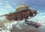  2boys aircraft airplane bt-5 caterpillar_tracks cloud day earasensha epic exhaust flying ground_vehicle i-16 military military_vehicle motor_vehicle multiple_boys original sky smoke soviet tank 