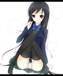  accel_world antenna_hair bad_id bad_pixiv_id black_hair blazer jacket kuroyukihime letterboxed long_hair long_legs myu_(filiusminto) panties pantyshot red_eyes school_uniform simple_background solo thighhighs umesato_middle_school_uniform underwear white_background 