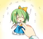  bow chibi closed_eyes daiyousei fujishiro_emyu green_hair hair_bow hands lowres open_mouth short_hair side_ponytail simple_background smile solo touhou wings 