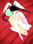  animal_ears ashcape bands bare_shoulders black_hair braid bunny_ears bunny_girl bunny_tail bunnysuit carrot character_request covered_eyes highres houkago_play hug long_hair pantyhose solo tail twin_braids white_legwear wrist_cuffs 