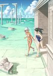  :d architecture bikini black_hair blush city column dark_skin eichisu green_eyes highres multiple_girls navel one-piece_swimsuit open_mouth original pillar pointy_ears road ruins sandals scenery side_ponytail silver_hair smile swimsuit twintails wading water wrist_grab 