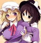  74_(teduka) blush breast_grab breasts brown_eyes brown_hair dress grabbing grabbing_from_behind hat hat_ribbon large_breasts maribel_hearn multiple_girls open_mouth purple_dress purple_eyes ribbon shirt smile smirk touhou usami_renko yuri 