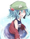  bad_id bad_pixiv_id blue_eyes blue_hair hair_bobbles hair_ornament hat kawashiro_nitori one-piece_swimsuit one_eye_closed pikojirokurao school_swimsuit solo swimsuit tongue touhou two_side_up 