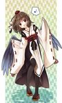  :d alternate_costume black_legwear blush brown_hair eighth_note highres kourindou_tengu_costume looking_at_viewer musical_note open_mouth outline red_eyes shameimaru_aya sleeves_past_wrists smile solo spoken_musical_note thighhighs touhou wings yuya_(night_lily) 