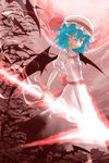  bat bat_wings blue_hair full_moon grin hat highres light_trail moon nobamo_pieruda red_eyes red_moon remilia_scarlet short_hair skirt slit_pupils smile solo spear_the_gungnir touhou wings wrist_cuffs 