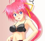  ahoge bare_shoulders black_bra blue_eyes blush bra hair_ribbon high_ponytail lask long_hair lyrical_nanoha mahou_shoujo_lyrical_nanoha mahou_shoujo_lyrical_nanoha_a's navel open_mouth pantyhose pink_hair ribbon signum solo underwear 